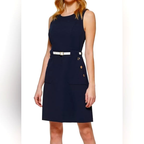 NWT Tommy Hilfiger navy belted sleeveless dress with button accent pockets Sz 2P - Picture 3 of 15